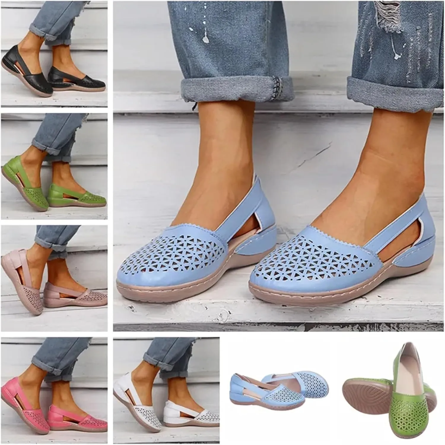 FFMA Women's Wedges Orthopedic Hollow Out Summer Sandals Hollow Carved Sandals Vintage Slip on Sandals Closed Toe Round Toe Hollowed Out Breathable Beach Sandals