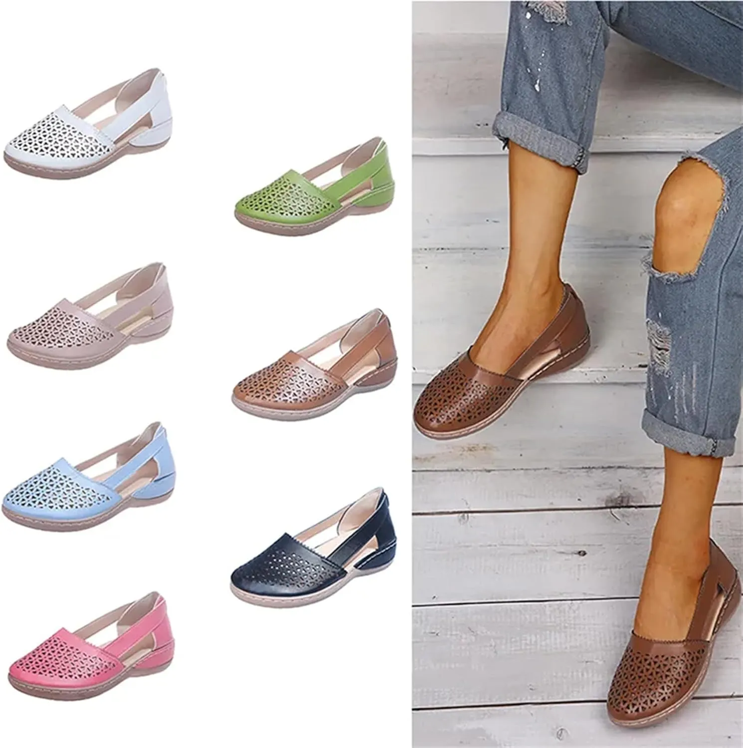 FFMA Women's Wedges Orthopedic Hollow Out Summer Sandals Hollow Carved Sandals Vintage Slip on Sandals Closed Toe Round Toe Hollowed Out Breathable Beach Sandals
