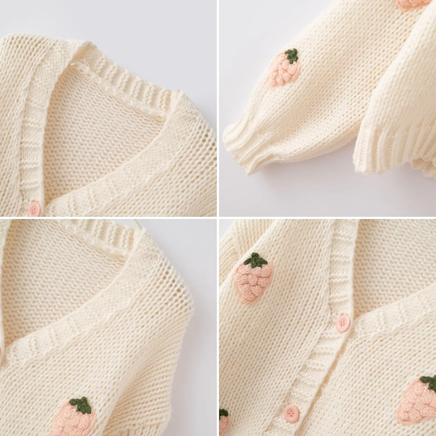 FindThy Women’s Kawaii Strawberry Embroidered Cardigan Long Sleeve V Neck Chunky Knitted Cardigans Tops