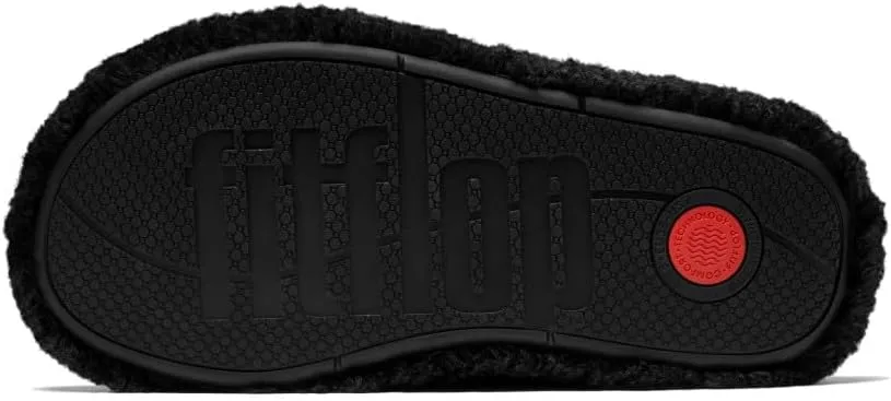 FitFlop iQushion D Luxe Teddy Cross Slides for Women - Women's Cozy Fleece Comfort Sandals, Indoor Outdoor Slippers with Arch Support, Ultra Light Cushioning, Slip Resistant Sole