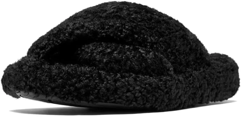 FitFlop iQushion D Luxe Teddy Cross Slides for Women - Women's Cozy Fleece Comfort Sandals, Indoor Outdoor Slippers with Arch Support, Ultra Light Cushioning, Slip Resistant Sole