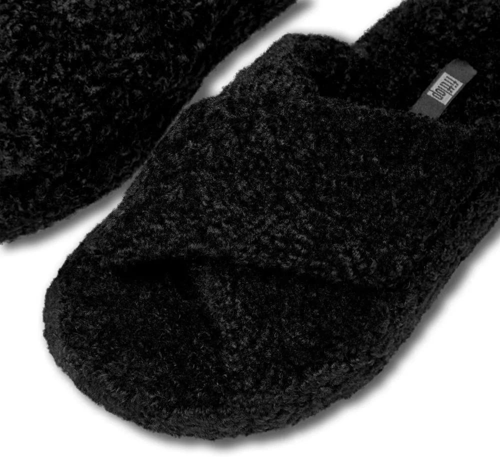 FitFlop iQushion D Luxe Teddy Cross Slides for Women - Women's Cozy Fleece Comfort Sandals, Indoor Outdoor Slippers with Arch Support, Ultra Light Cushioning, Slip Resistant Sole