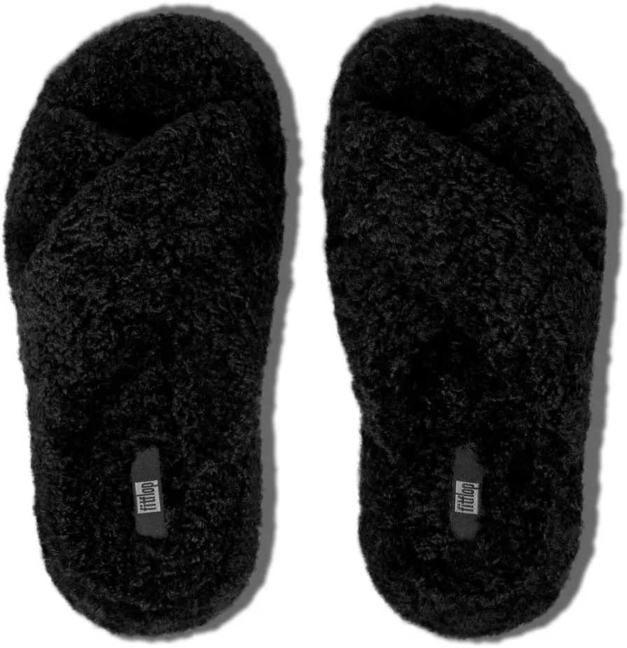 FitFlop iQushion D Luxe Teddy Cross Slides for Women - Women's Cozy Fleece Comfort Sandals, Indoor Outdoor Slippers with Arch Support, Ultra Light Cushioning, Slip Resistant Sole