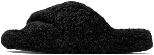 FitFlop iQushion D Luxe Teddy Cross Slides for Women - Women's Cozy Fleece Comfort Sandals, Indoor Outdoor Slippers with Arch Support, Ultra Light Cushioning, Slip Resistant Sole