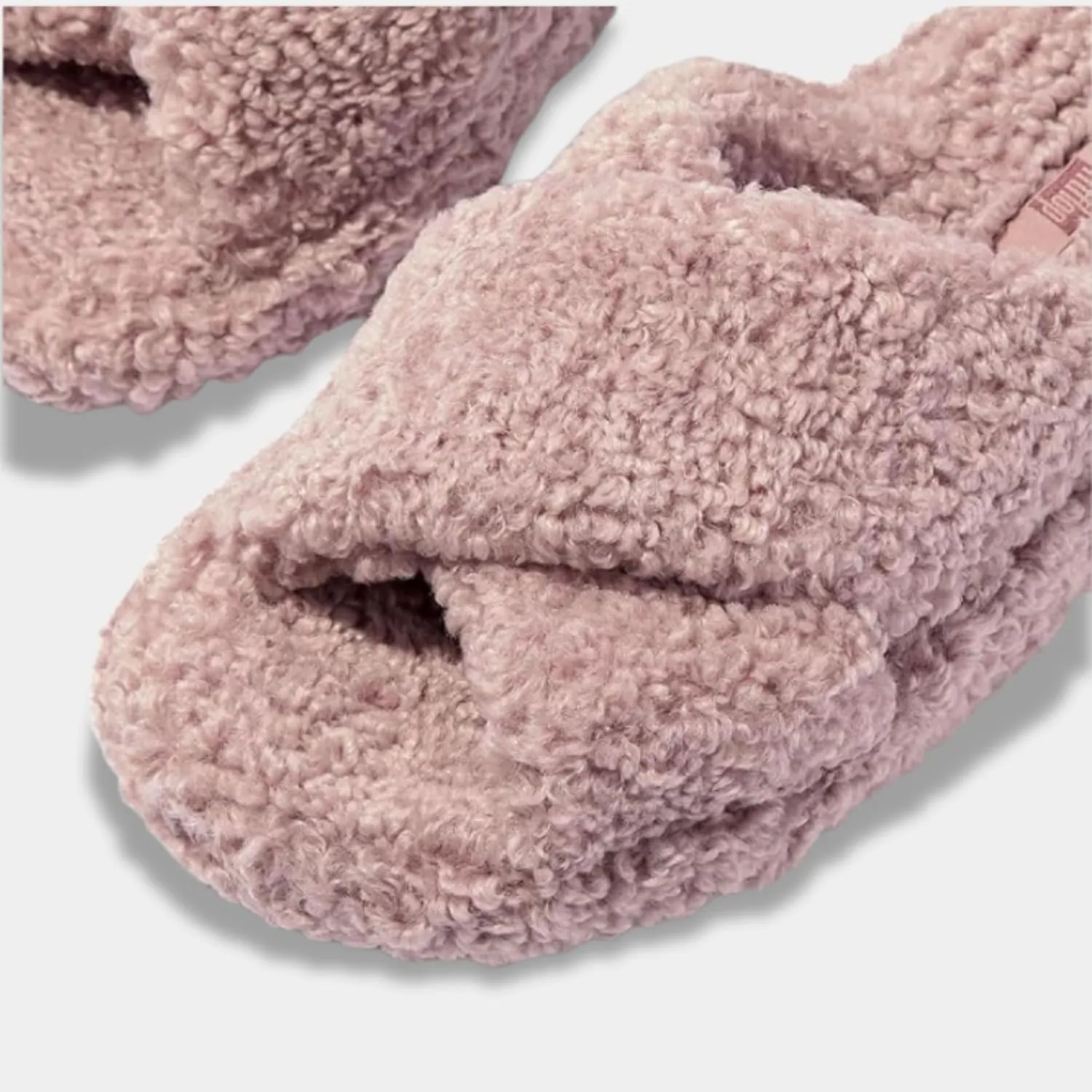 FitFlop iQushion D Luxe Teddy Cross Slides for Women - Women's Cozy Fleece Comfort Sandals, Indoor Outdoor Slippers with Arch Support, Ultra Light Cushioning, Slip Resistant Sole
