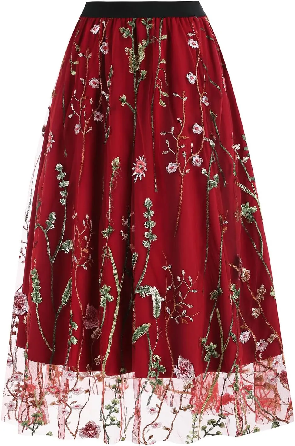 Floral Embroidered Women's Skirts - Vintage Tulle Wedding & Prom A-Line Flower Skirts with Elastic Waist