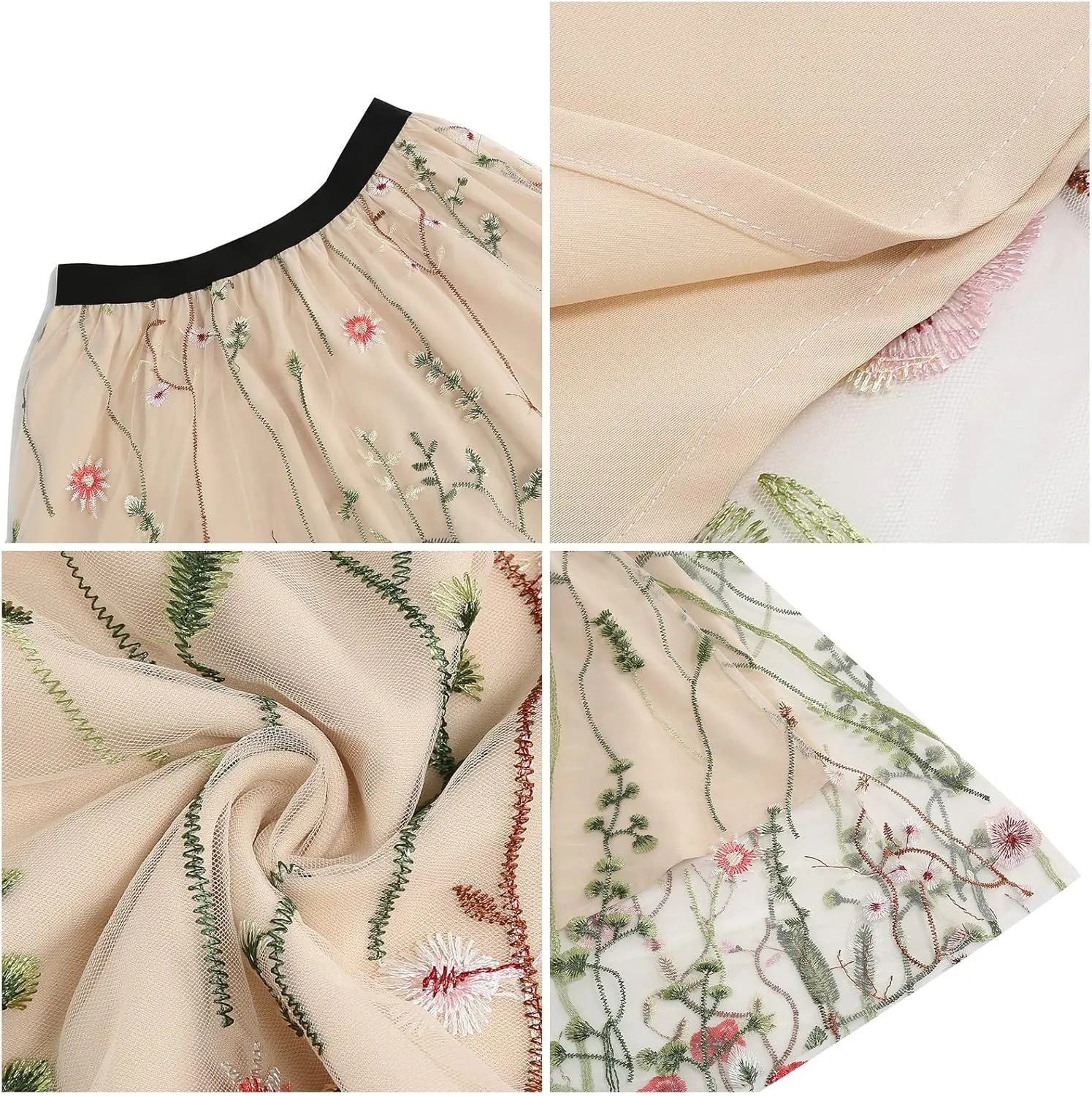 Floral Embroidered Women's Skirts - Vintage Tulle Wedding & Prom A-Line Flower Skirts with Elastic Waist