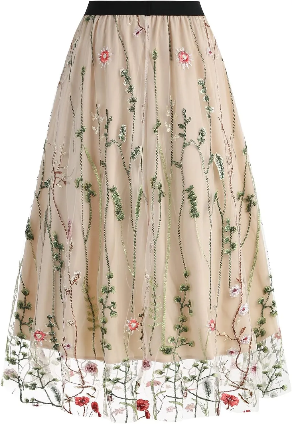 Floral Embroidered Women's Skirts - Vintage Tulle Wedding & Prom A-Line Flower Skirts with Elastic Waist