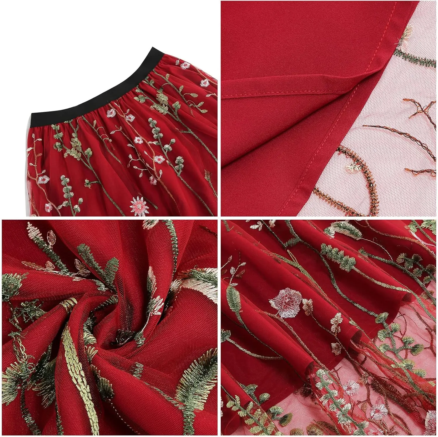 Floral Embroidered Women's Skirts - Vintage Tulle Wedding & Prom A-Line Flower Skirts with Elastic Waist