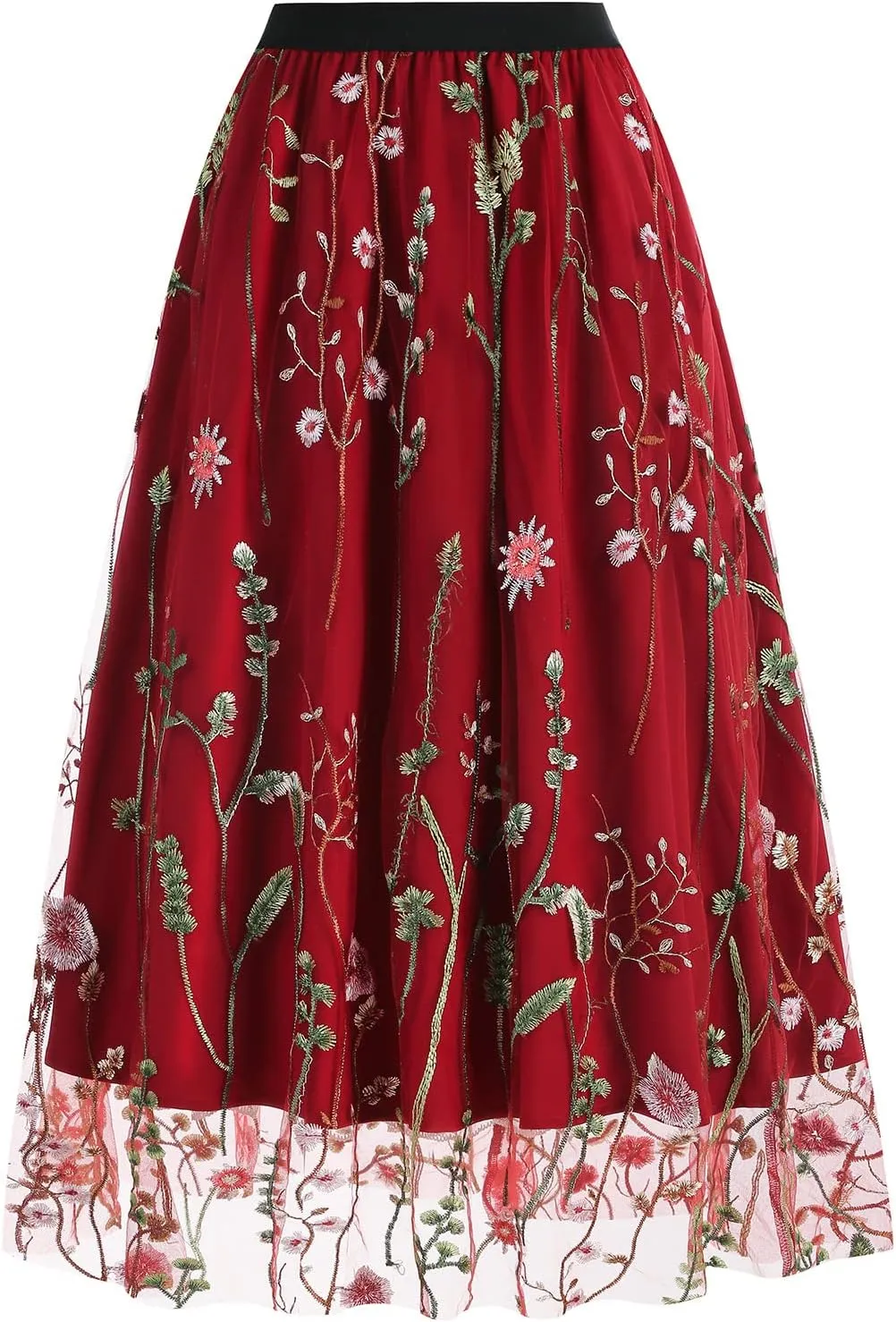 Floral Embroidered Women's Skirts - Vintage Tulle Wedding & Prom A-Line Flower Skirts with Elastic Waist