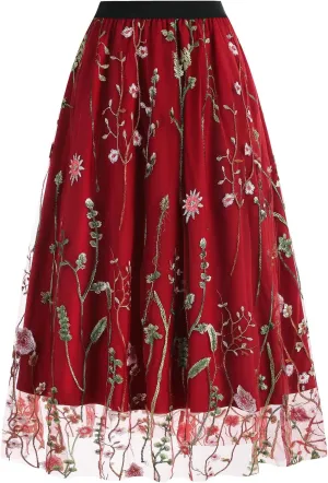 Floral Embroidered Women's Skirts - Vintage Tulle Wedding & Prom A-Line Flower Skirts with Elastic Waist