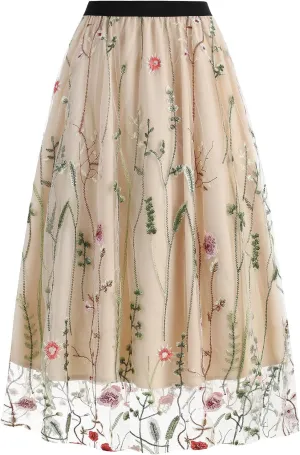Floral Embroidered Women's Skirts - Vintage Tulle Wedding & Prom A-Line Flower Skirts with Elastic Waist