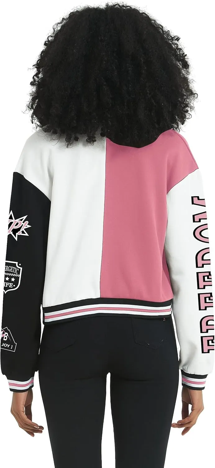 Flygo Women's Cropped Varsity Jacket Baseball Jacket Colorblock Letter Print Y2k Button Down Bomber Uniform