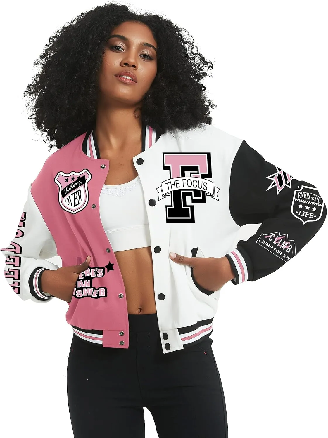 Flygo Women's Cropped Varsity Jacket Baseball Jacket Colorblock Letter Print Y2k Button Down Bomber Uniform