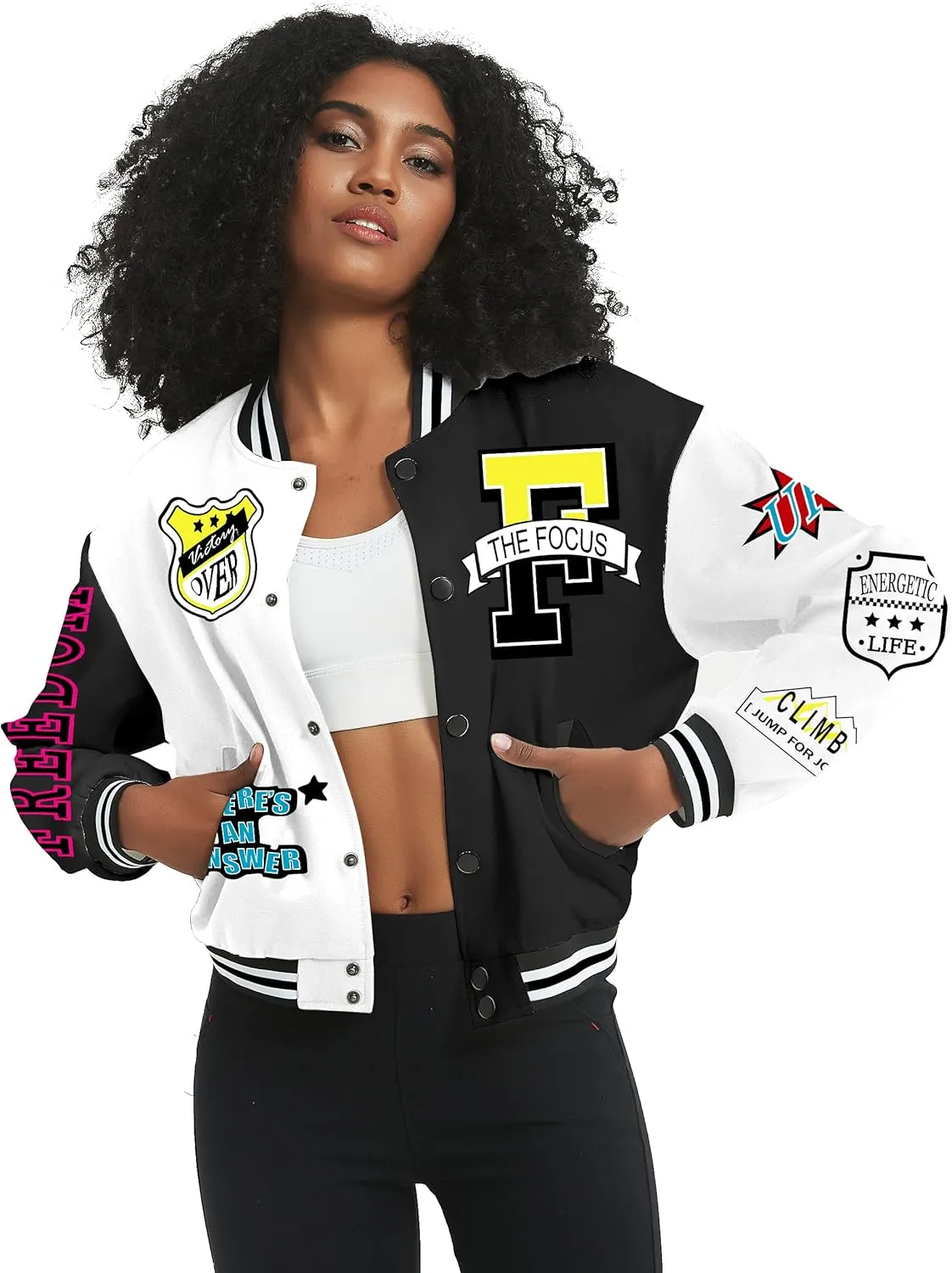 Flygo Women's Cropped Varsity Jacket Baseball Jacket Colorblock Letter Print Y2k Button Down Bomber Uniform