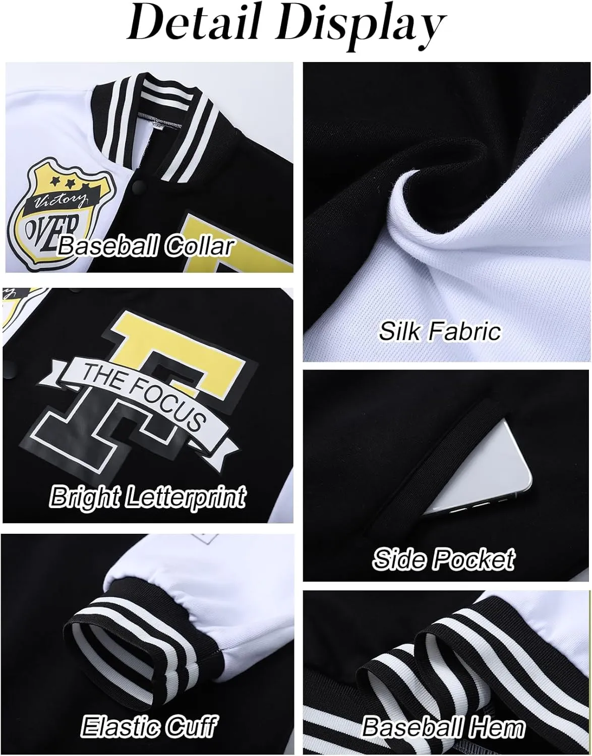 Flygo Women's Cropped Varsity Jacket Baseball Jacket Colorblock Letter Print Y2k Button Down Bomber Uniform