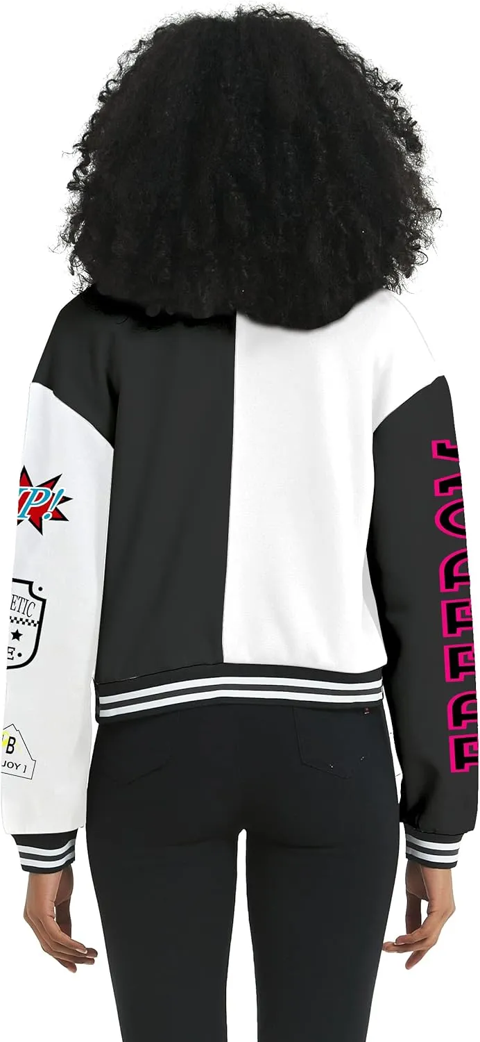 Flygo Women's Cropped Varsity Jacket Baseball Jacket Colorblock Letter Print Y2k Button Down Bomber Uniform