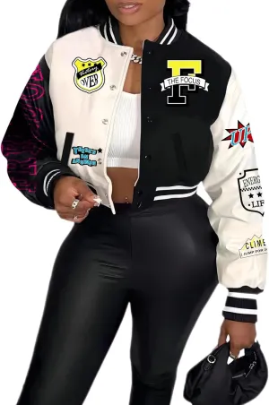 Flygo Women's Cropped Varsity Jacket Baseball Jacket Colorblock Letter Print Y2k Button Down Bomber Uniform