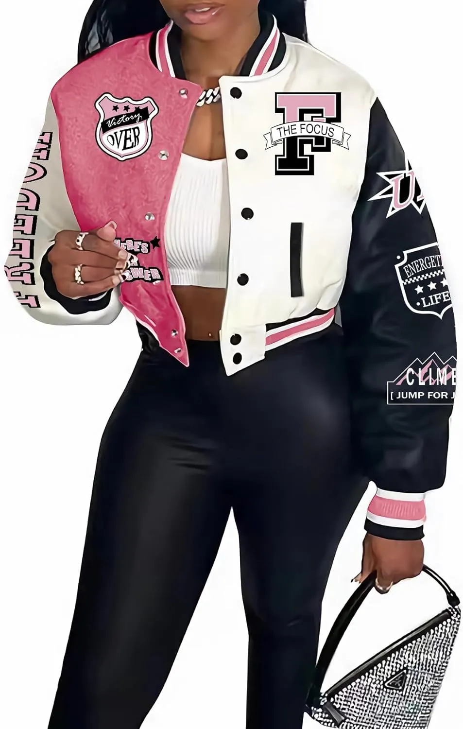 Flygo Women's Cropped Varsity Jacket Baseball Jacket Colorblock Letter Print Y2k Button Down Bomber Uniform