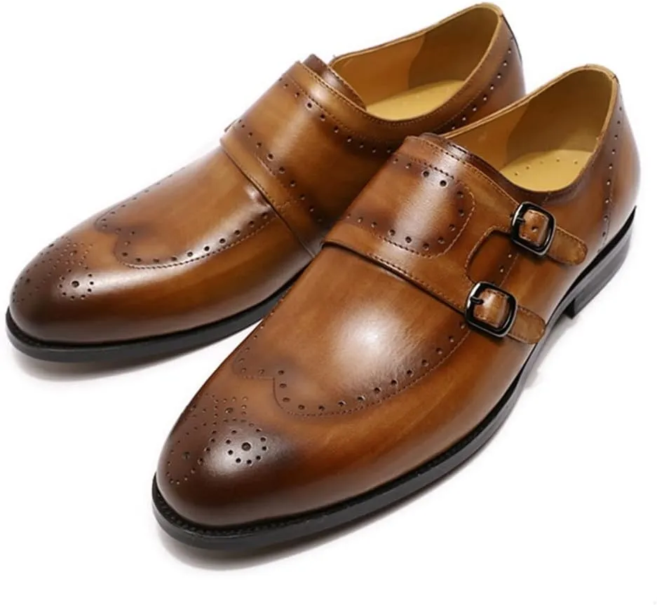 Formal Shoes Dress Oxford for Men Slip On Brogue Embossed Wing-tip Double Monk Strap Round Toe Cowhide Non Slip Rubber Sole Slip Resistant Casual Suitable for Many Occasions