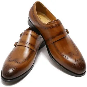 Formal Shoes Dress Oxford for Men Slip On Brogue Embossed Wing-tip Double Monk Strap Round Toe Cowhide Non Slip Rubber Sole Slip Resistant Casual Suitable for Many Occasions