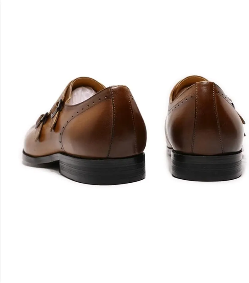 Formal Shoes Dress Oxford for Men Slip On Brogue Embossed Wing-tip Double Monk Strap Round Toe Cowhide Non Slip Rubber Sole Slip Resistant Casual Suitable for Many Occasions