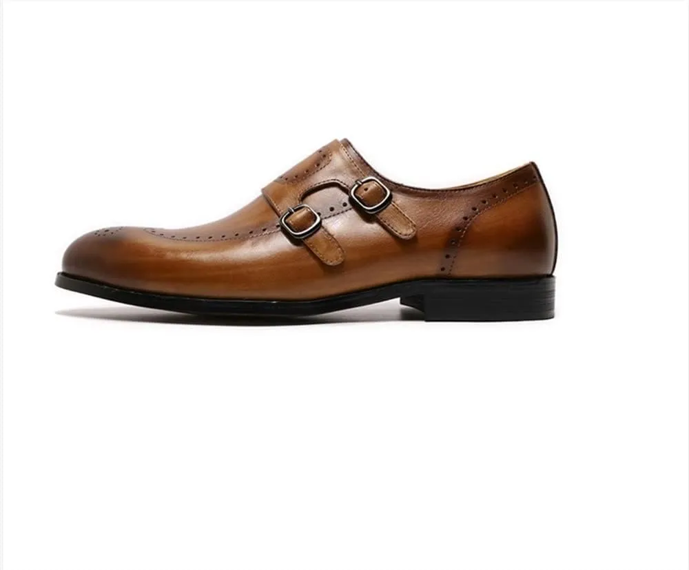 Formal Shoes Dress Oxford for Men Slip On Brogue Embossed Wing-tip Double Monk Strap Round Toe Cowhide Non Slip Rubber Sole Slip Resistant Casual Suitable for Many Occasions