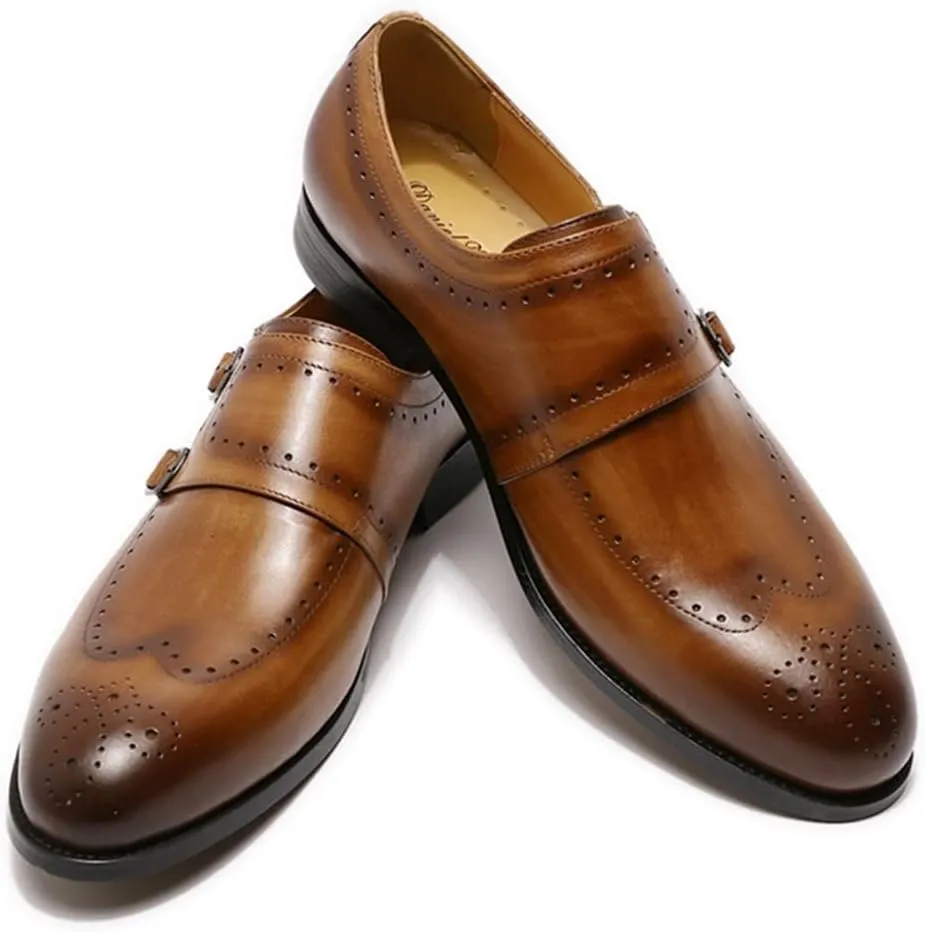Formal Shoes Dress Oxford for Men Slip On Brogue Embossed Wing-tip Double Monk Strap Round Toe Cowhide Non Slip Rubber Sole Slip Resistant Casual Suitable for Many Occasions