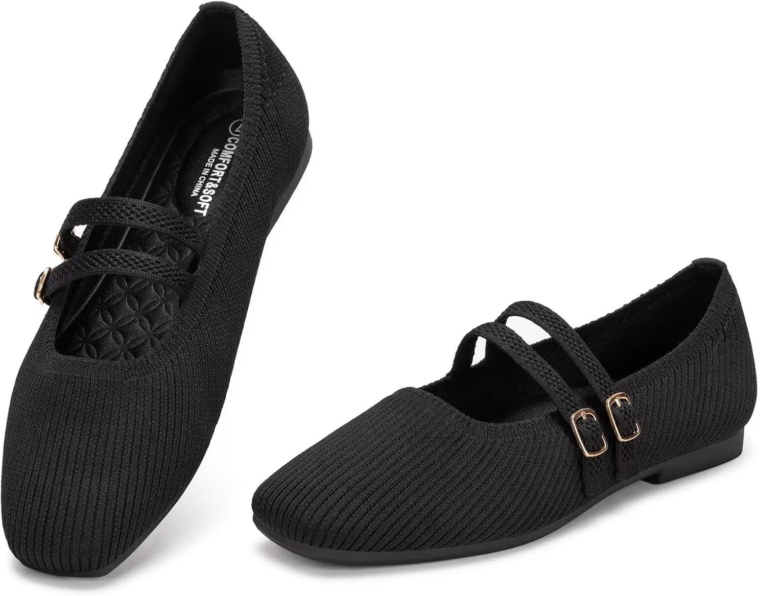 Frank Mully Women's Flats Square Toe Mary Jane Shoes Ballet Flats with Strap Comfortable Slip On Knit Shoes Dressy Casual