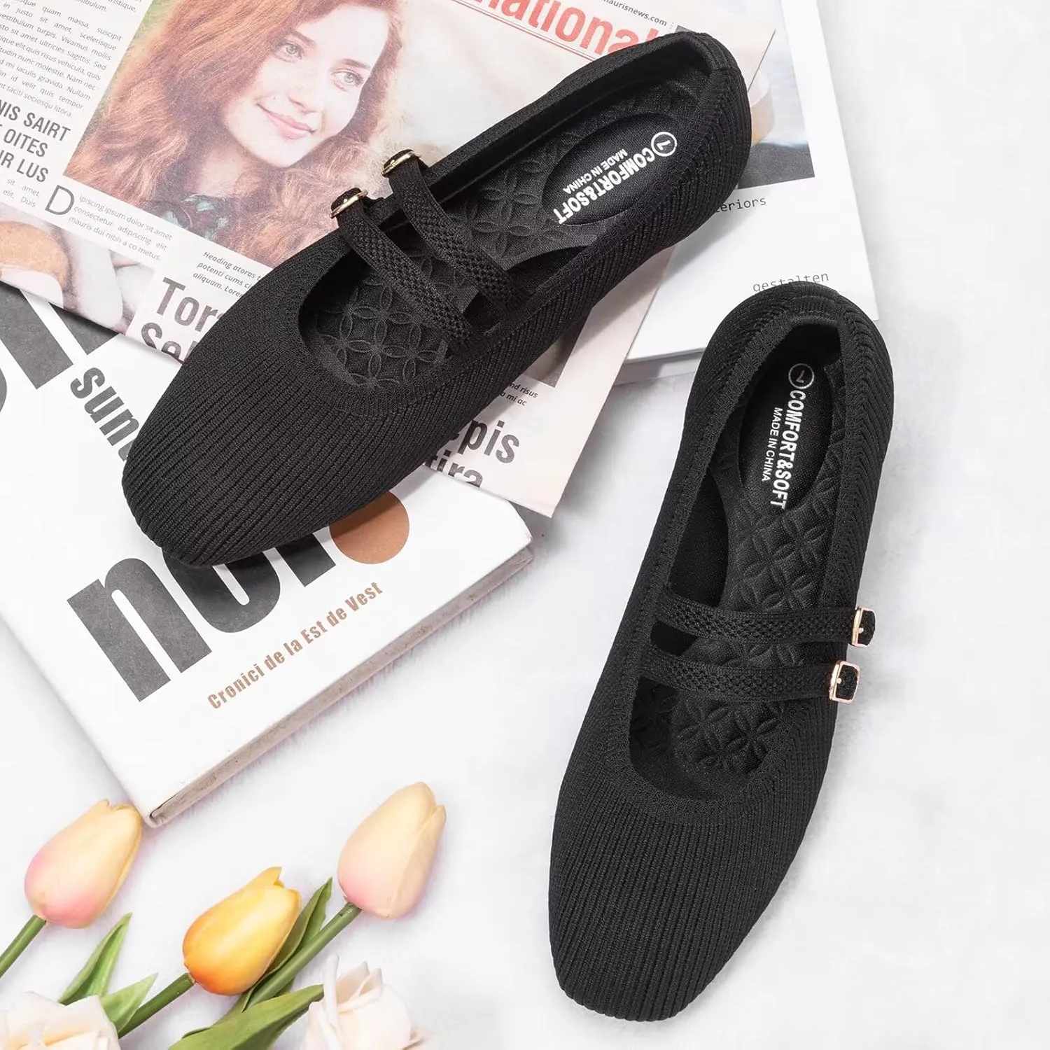 Frank Mully Women's Flats Square Toe Mary Jane Shoes Ballet Flats with Strap Comfortable Slip On Knit Shoes Dressy Casual
