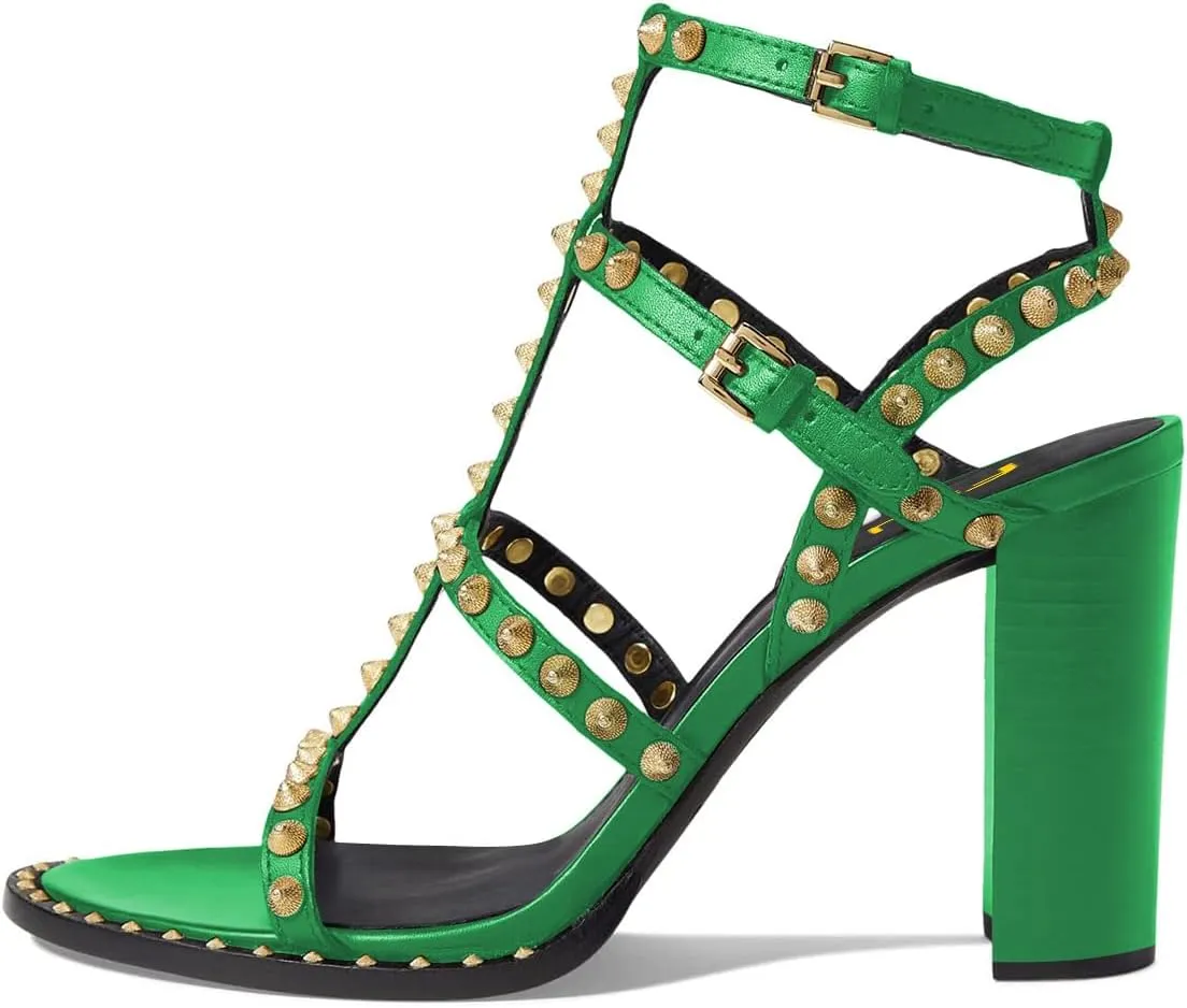 FSJ Women Gladiator Rivets Strap Open Toe Chunky Block Heel Sandals Sexy Cutout Ankle Buckle Stud Cocktail Nightclub Shoes Size 4-15 US
