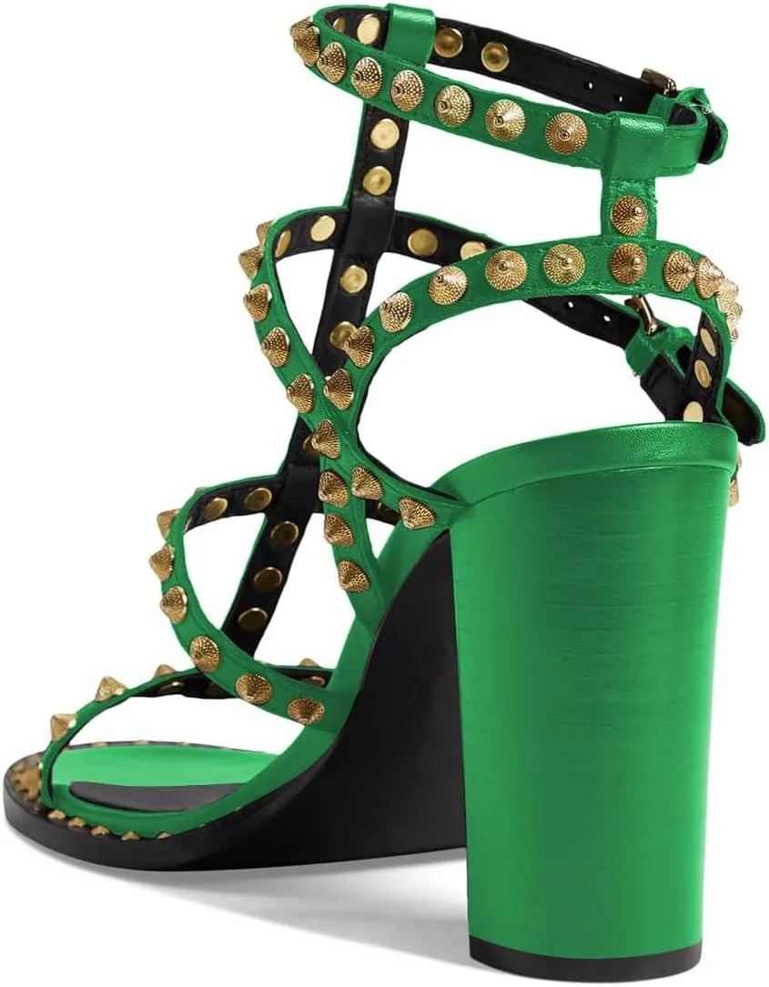 FSJ Women Gladiator Rivets Strap Open Toe Chunky Block Heel Sandals Sexy Cutout Ankle Buckle Stud Cocktail Nightclub Shoes Size 4-15 US