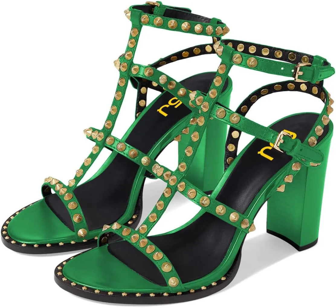 FSJ Women Gladiator Rivets Strap Open Toe Chunky Block Heel Sandals Sexy Cutout Ankle Buckle Stud Cocktail Nightclub Shoes Size 4-15 US