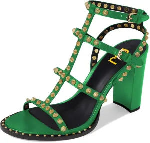 FSJ Women Gladiator Rivets Strap Open Toe Chunky Block Heel Sandals Sexy Cutout Ankle Buckle Stud Cocktail Nightclub Shoes Size 4-15 US