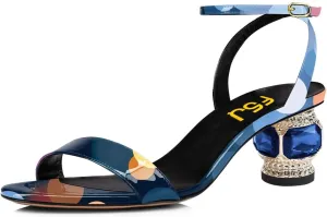 FSJ Women Gorgeous Crystal Low Block Heel Open Toe Ankle Strap Sandals Comfort Wedding Office Party Dress Shoes Size 4-15 US
