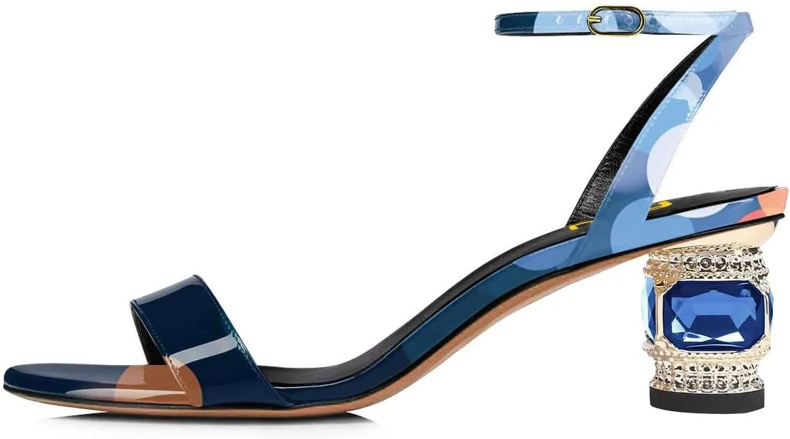 FSJ Women Gorgeous Crystal Low Block Heel Open Toe Ankle Strap Sandals Comfort Wedding Office Party Dress Shoes Size 4-15 US