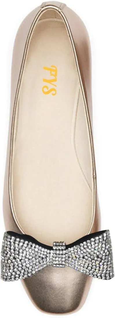 FYS Women's Bow Round Toe Pumps Comfortable Slip on Flats Shining Rhinestone Office Formal Daily Shoes Size 4-16 US