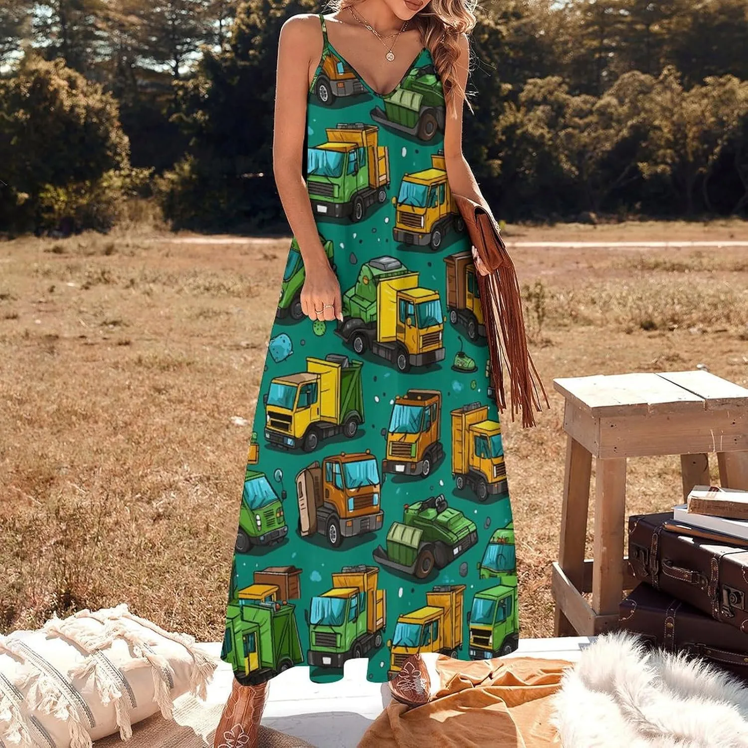 Garbage Truck Busy Day Women's Casual Maxi Dress Sleeveless Summer Beach Sundress Swing Dress Vacation