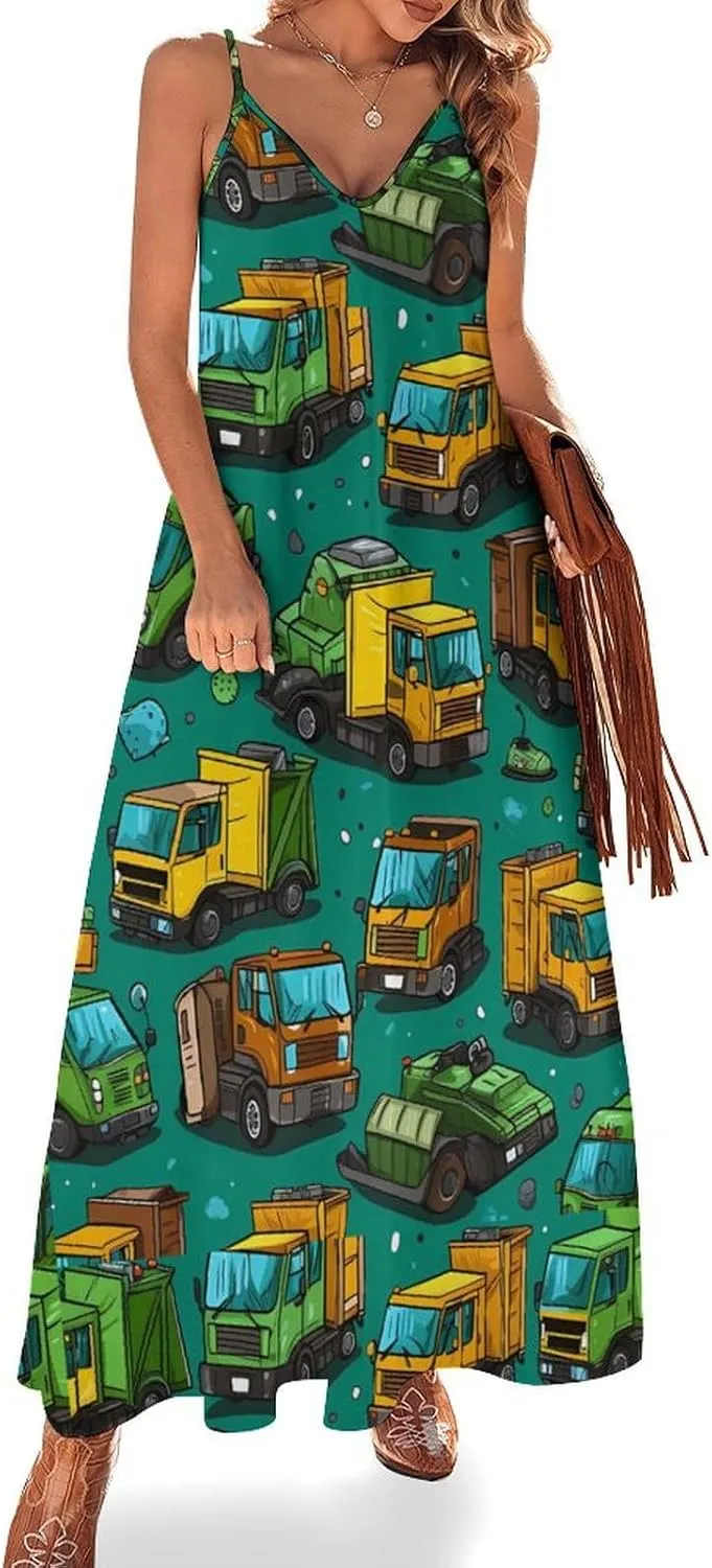 Garbage Truck Busy Day Women's Casual Maxi Dress Sleeveless Summer Beach Sundress Swing Dress Vacation
