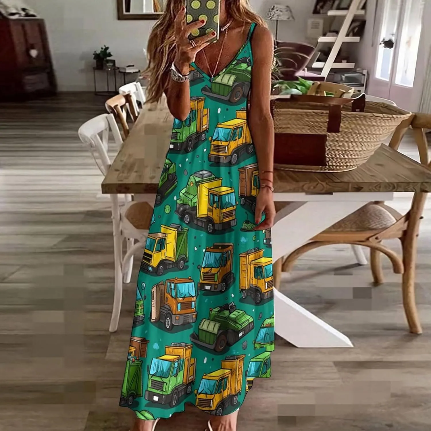 Garbage Truck Busy Day Women's Casual Maxi Dress Sleeveless Summer Beach Sundress Swing Dress Vacation