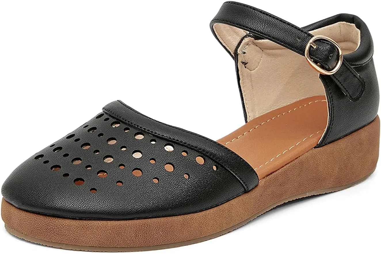 GATUXUS Women's Low Wedge Ankle Strap Buckle Flats Shoes Closed Toe Roman Cage Cusual Flat Sandals