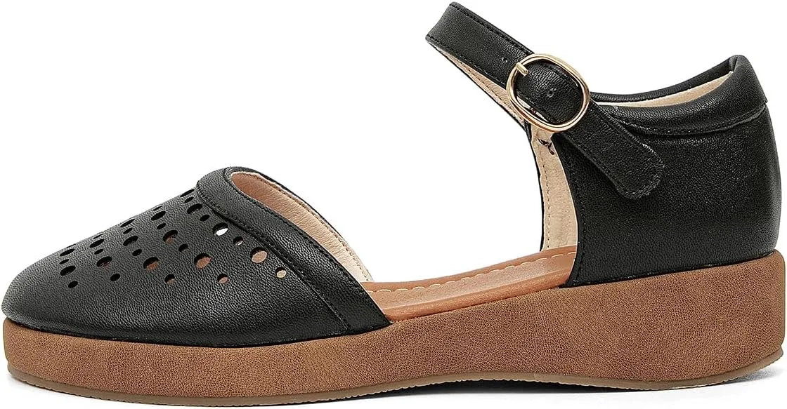 GATUXUS Women's Low Wedge Ankle Strap Buckle Flats Shoes Closed Toe Roman Cage Cusual Flat Sandals