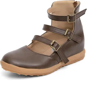 GATUXUS Women's Low Wedge Back Zipper Flats Sandals Ankle Strap Buckle Closed Toe Mary Jane Ballet Flat Shoes