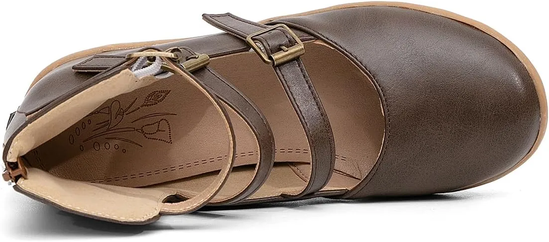 GATUXUS Women's Low Wedge Back Zipper Flats Sandals Ankle Strap Buckle Closed Toe Mary Jane Ballet Flat Shoes