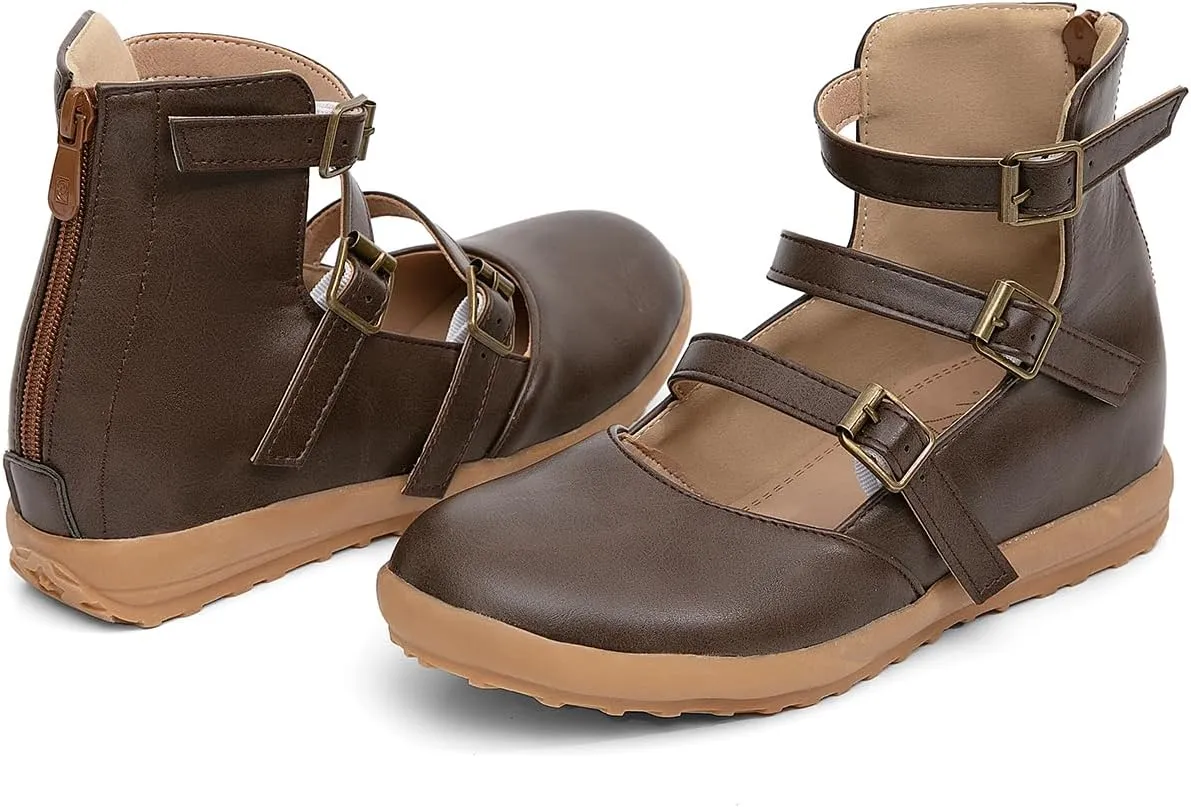 GATUXUS Women's Low Wedge Back Zipper Flats Sandals Ankle Strap Buckle Closed Toe Mary Jane Ballet Flat Shoes