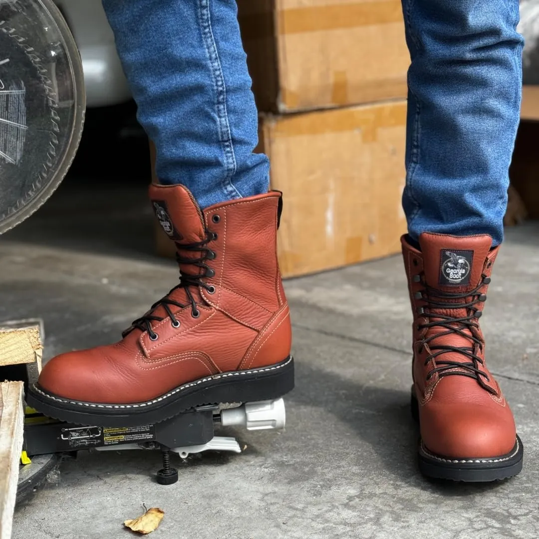 Georgia Boot PRO-Series Men's 8" Lace-Up ASTM Steel-Toe EH-Rated Wedge Work Boot, Full Grain Leather Shoes with Slip and Oil Resistant Midnight Black Outsole, Comfortable Russet-Brown Motorcycle Boots for Men - GB002PRO