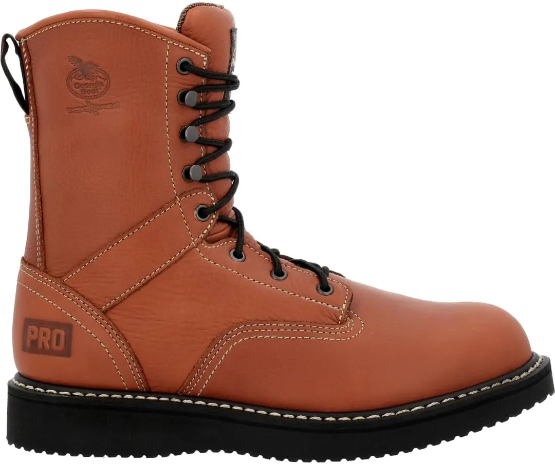 Georgia Boot PRO-Series Men's 8" Lace-Up ASTM Steel-Toe EH-Rated Wedge Work Boot, Full Grain Leather Shoes with Slip and Oil Resistant Midnight Black Outsole, Comfortable Russet-Brown Motorcycle Boots for Men - GB002PRO