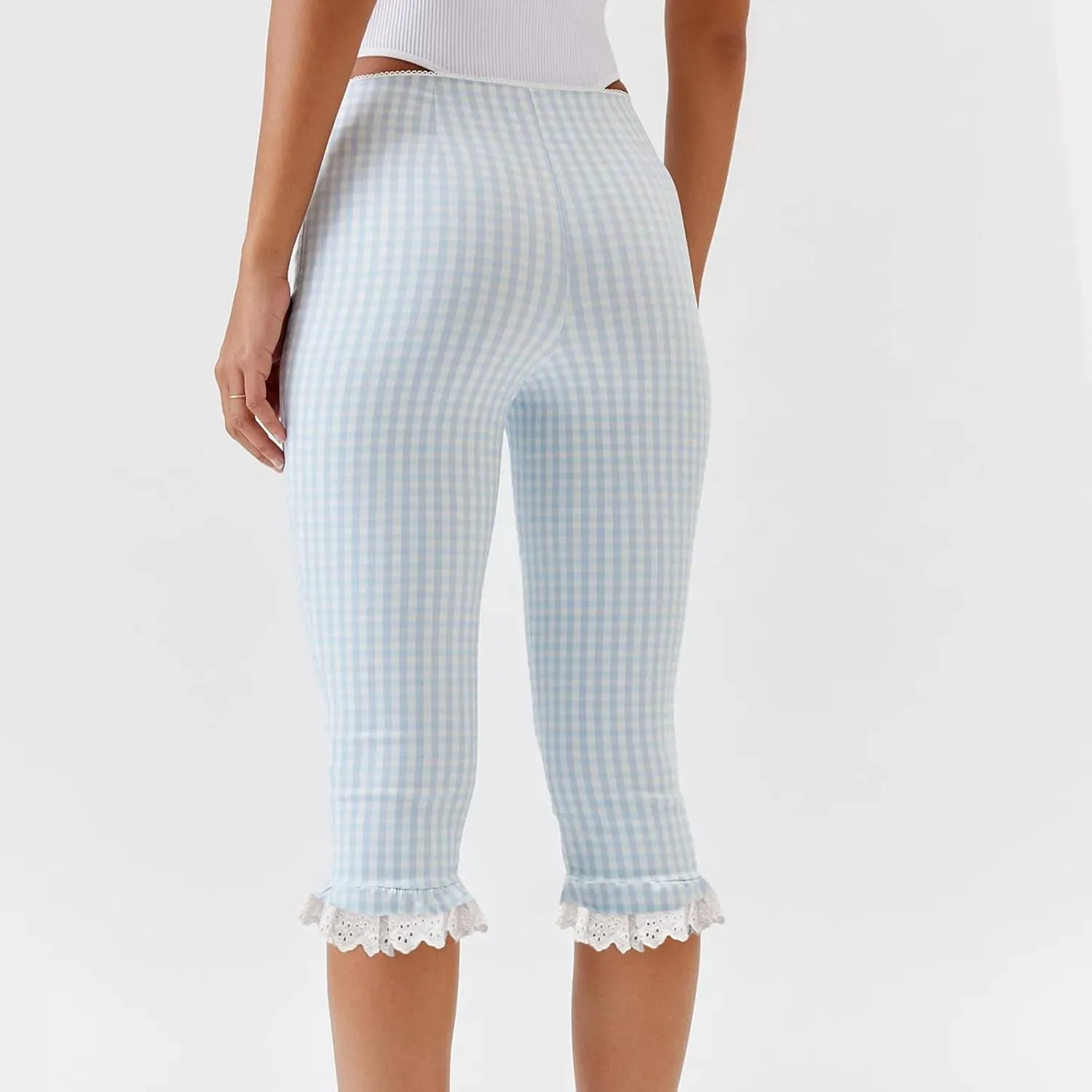 Gingham Capri Pants for Women Elastic Waist Mid Rise Skinny Capri Leggings Vintage Plaid Cropped Trousers