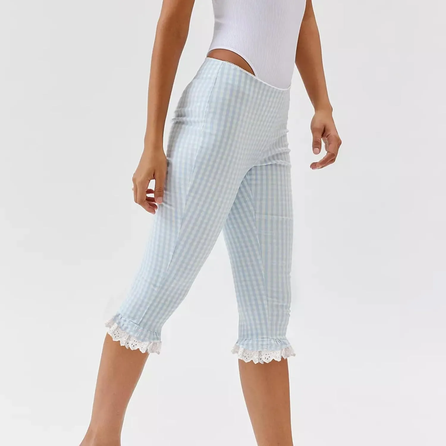 Gingham Capri Pants for Women Elastic Waist Mid Rise Skinny Capri Leggings Vintage Plaid Cropped Trousers