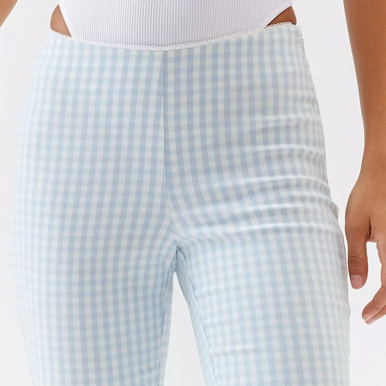 Gingham Capri Pants for Women Elastic Waist Mid Rise Skinny Capri Leggings Vintage Plaid Cropped Trousers